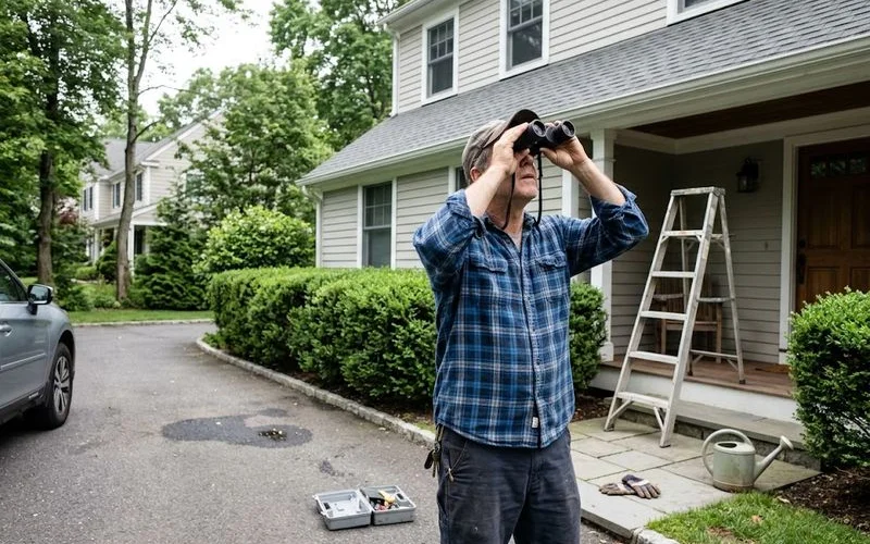 A homeowner examining roof shingles from the ground with binoculars, checking for missing or curling shingles near the roofline of a house