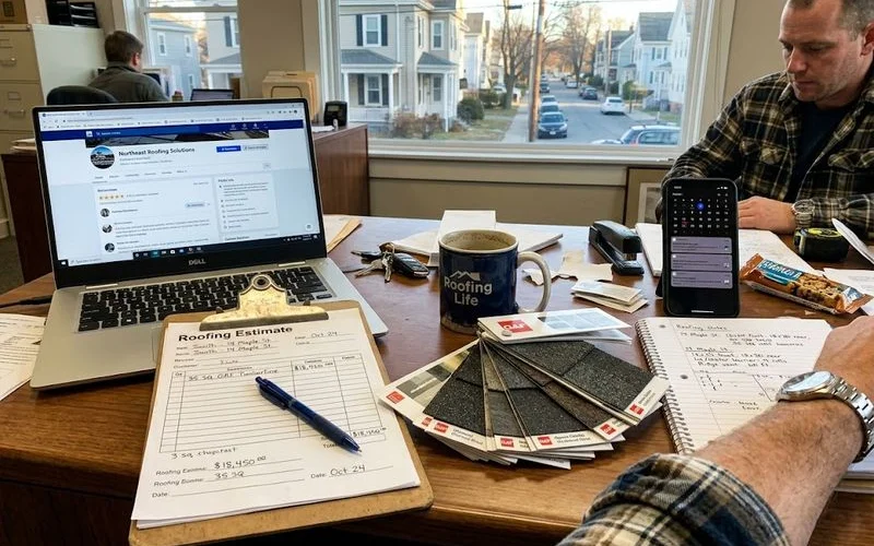 A hardhat, clipboard with an inspection checklist, and a laptop showing a roofing company profile page on a wooden desk